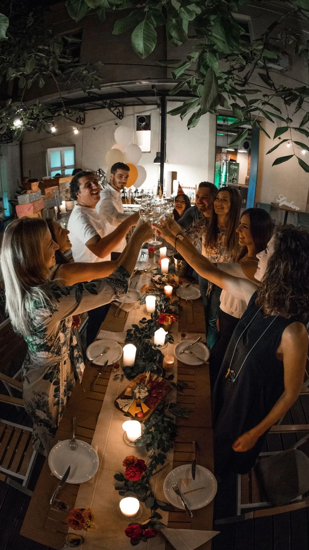 Colleagues sharing a meal at a company dinner